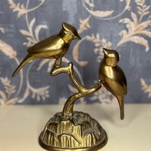 Vintage Estate 1960s Mid Century Solid Brass Cardinal Birds Figurine on Branch